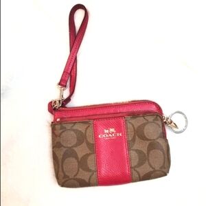 Coach Signature Print Wristlet Wallet Brown And Pink